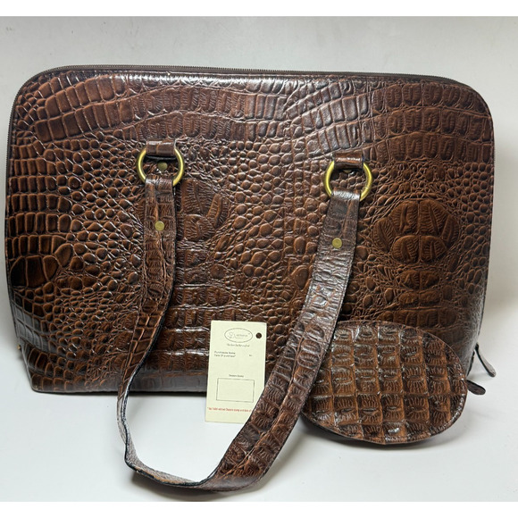 Octopus Handbags - Vintage Octopus Brand XL Brown Leather Satchel Bag Croc Embossed Handbag Brass